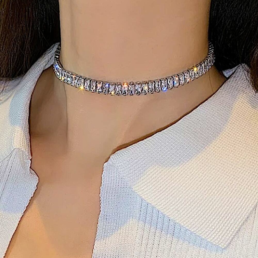Sterling Silver Diamond Zircoin Rhinestone Choker Measures 18 In. Adjust 16"-18" - Picture 4 of 8